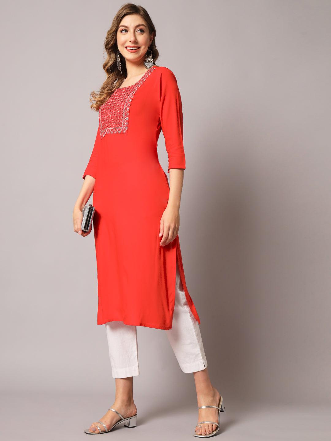 Women's Red Color Solid Rayon Embroidered Kurta - PREKSHA - Indiakreations