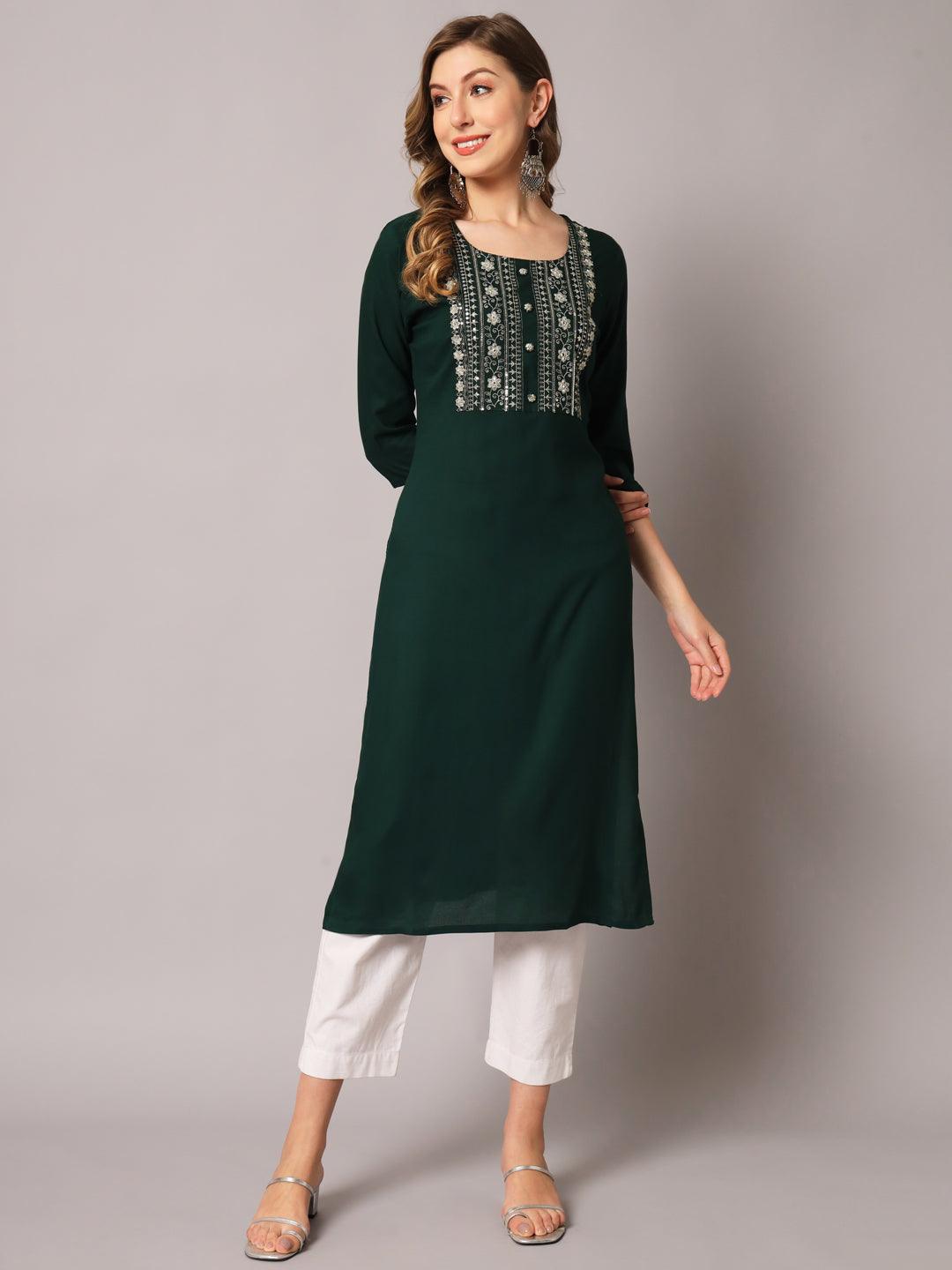 Women's Green Color Solid Rayon Embroidered Kurta - PREKSHA - Indiakreations