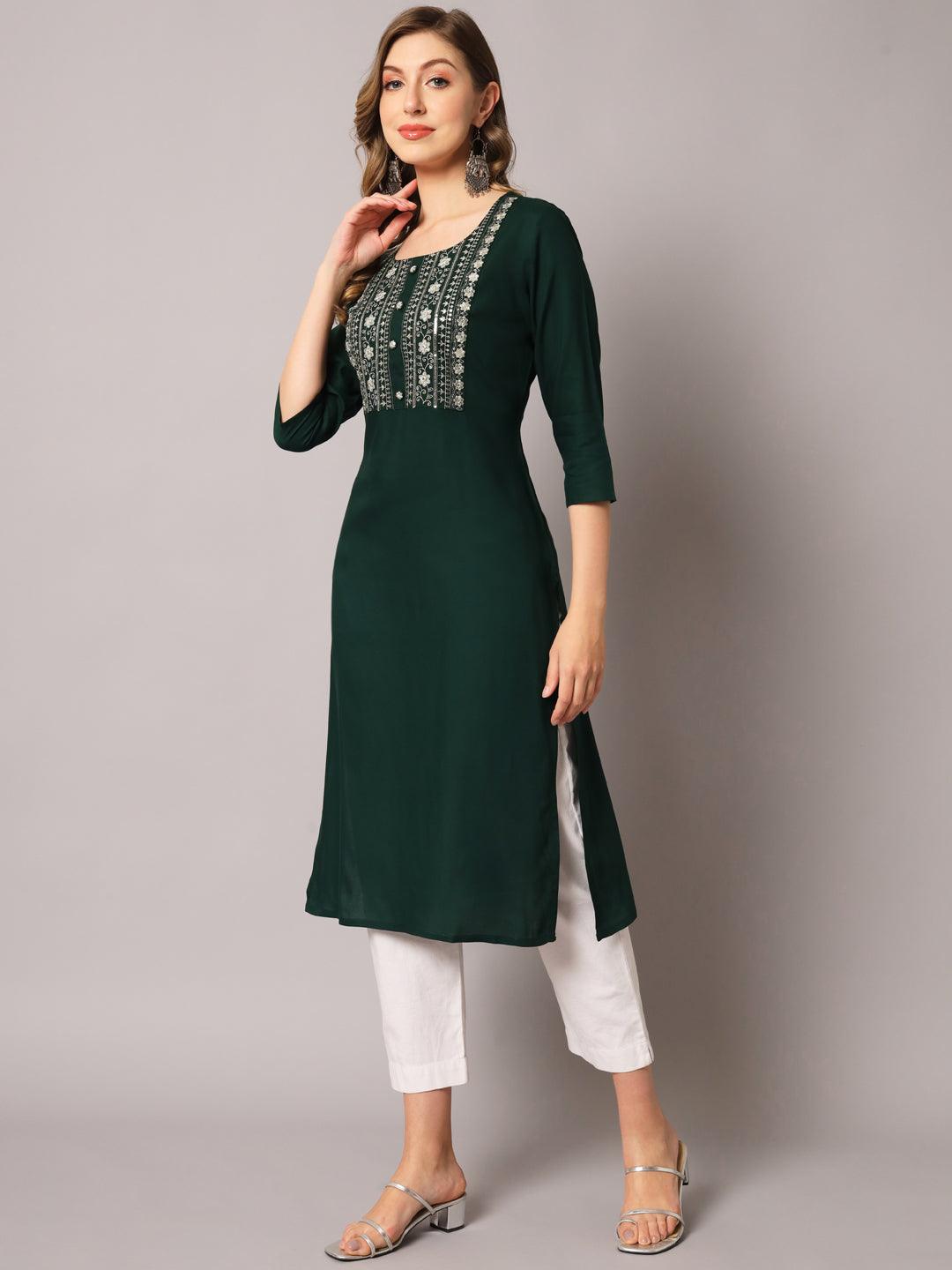 Women's Green Color Solid Rayon Embroidered Kurta - PREKSHA - Indiakreations