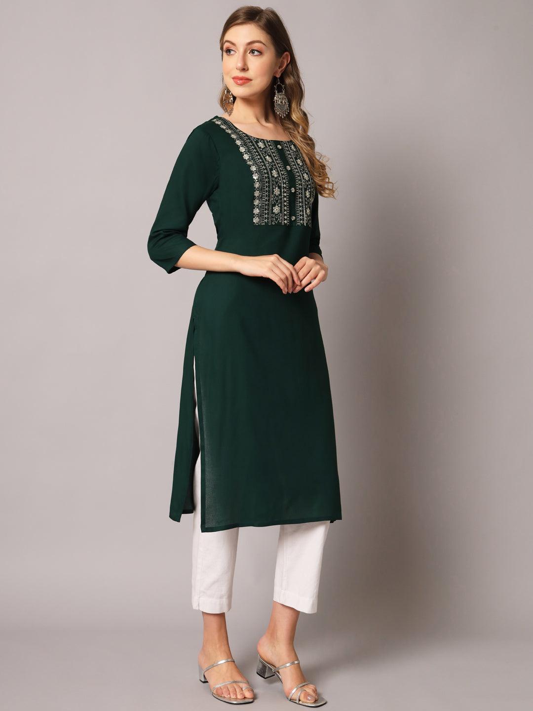 Women's Green Color Solid Rayon Embroidered Kurta - PREKSHA - Indiakreations