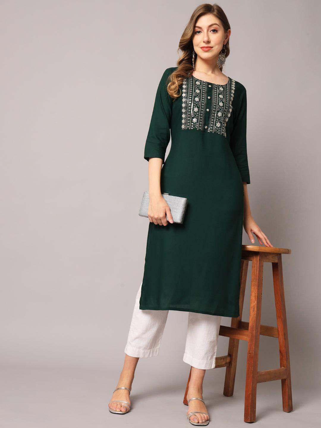 Women's Green Color Solid Rayon Embroidered Kurta - PREKSHA - Indiakreations