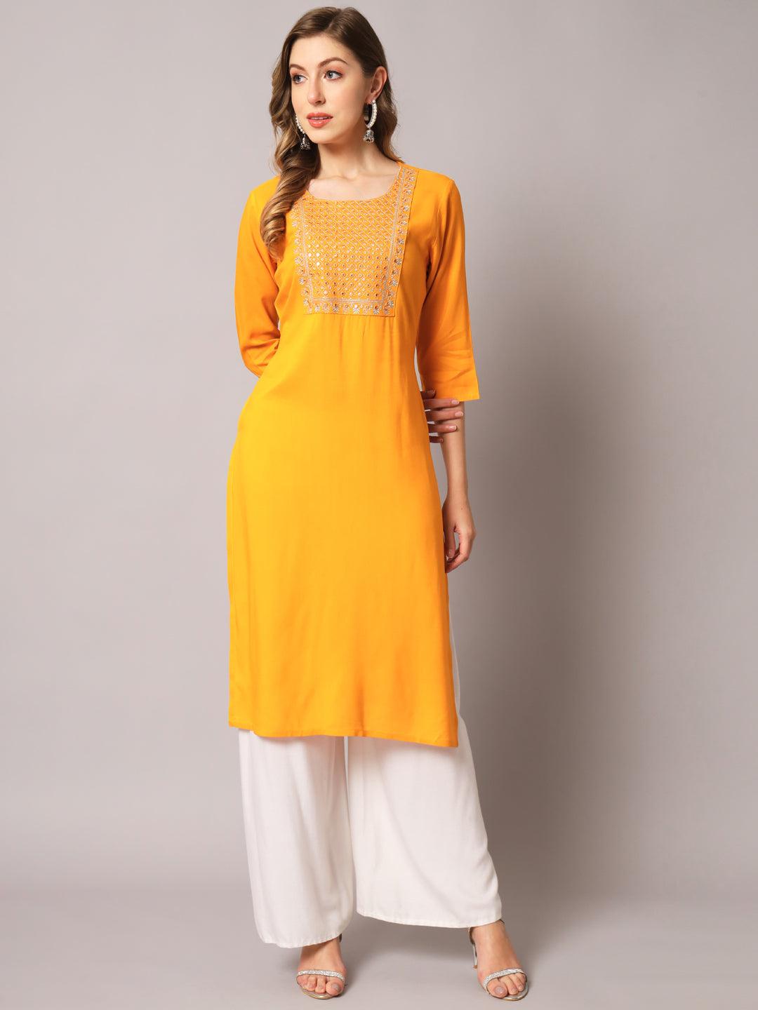 Women's Mustrad Color Solid Rayon Embroidered Kurta - PREKSHA - Indiakreations