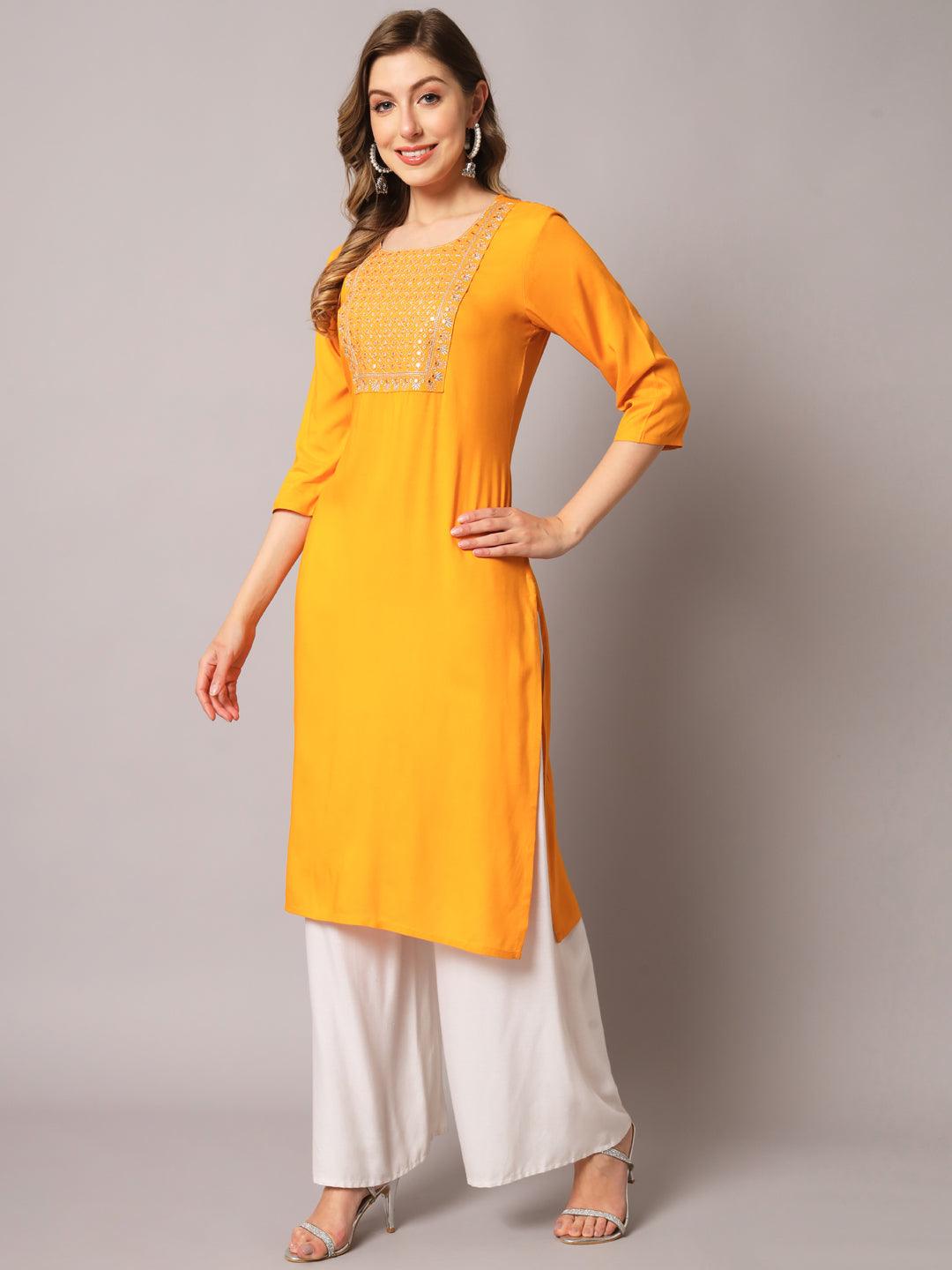 Women's Mustrad Color Solid Rayon Embroidered Kurta - PREKSHA - Indiakreations