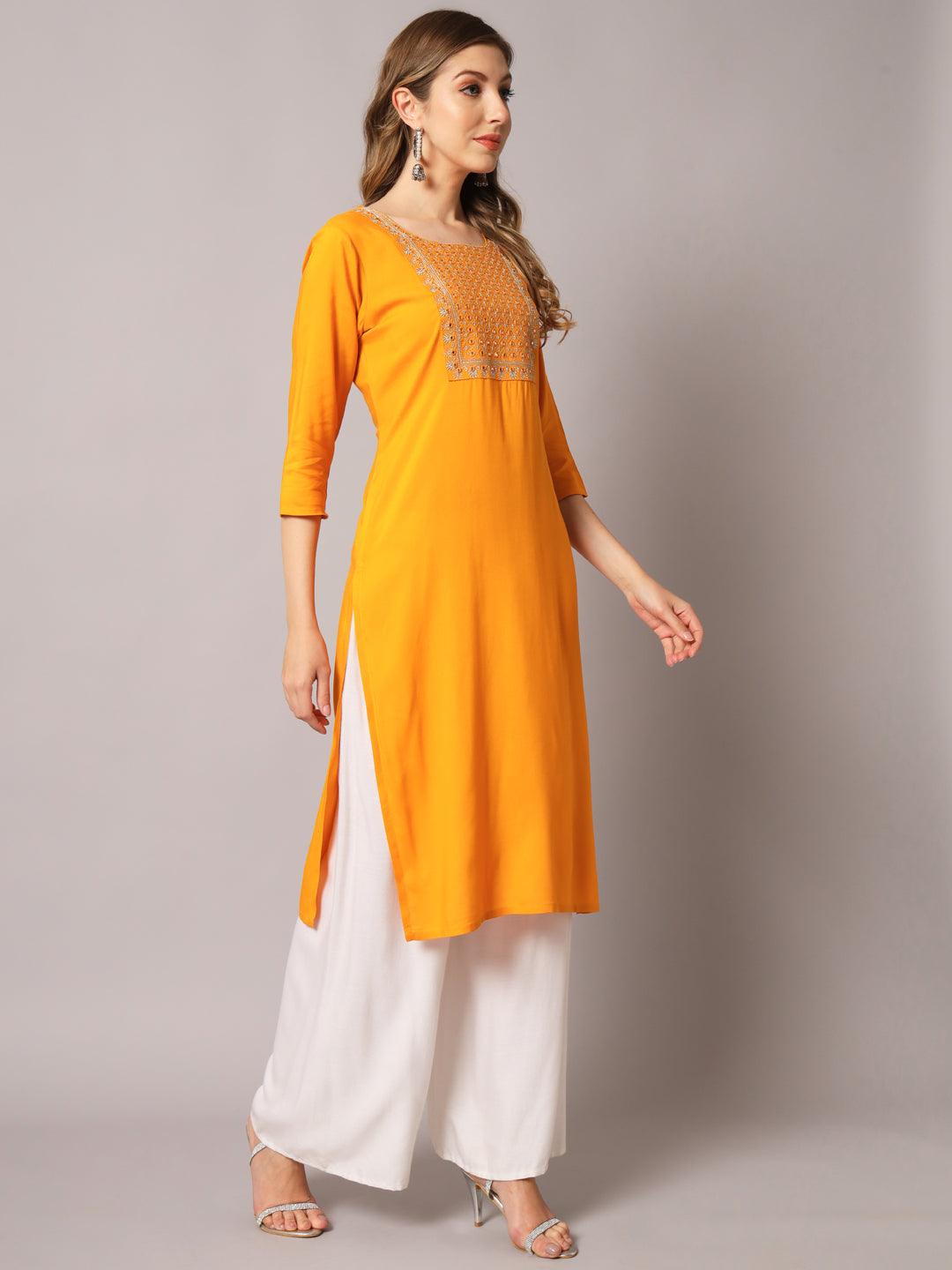 Women's Mustrad Color Solid Rayon Embroidered Kurta - PREKSHA - Indiakreations