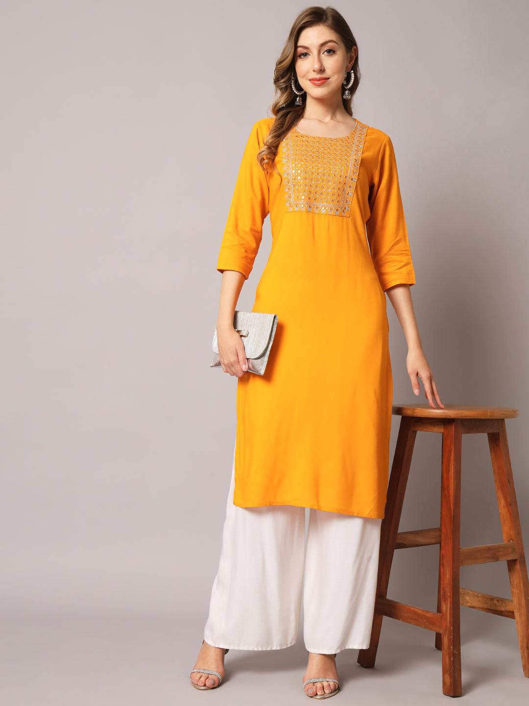 Women's Mustrad Color Solid Rayon Embroidered Kurta - PREKSHA - Indiakreations