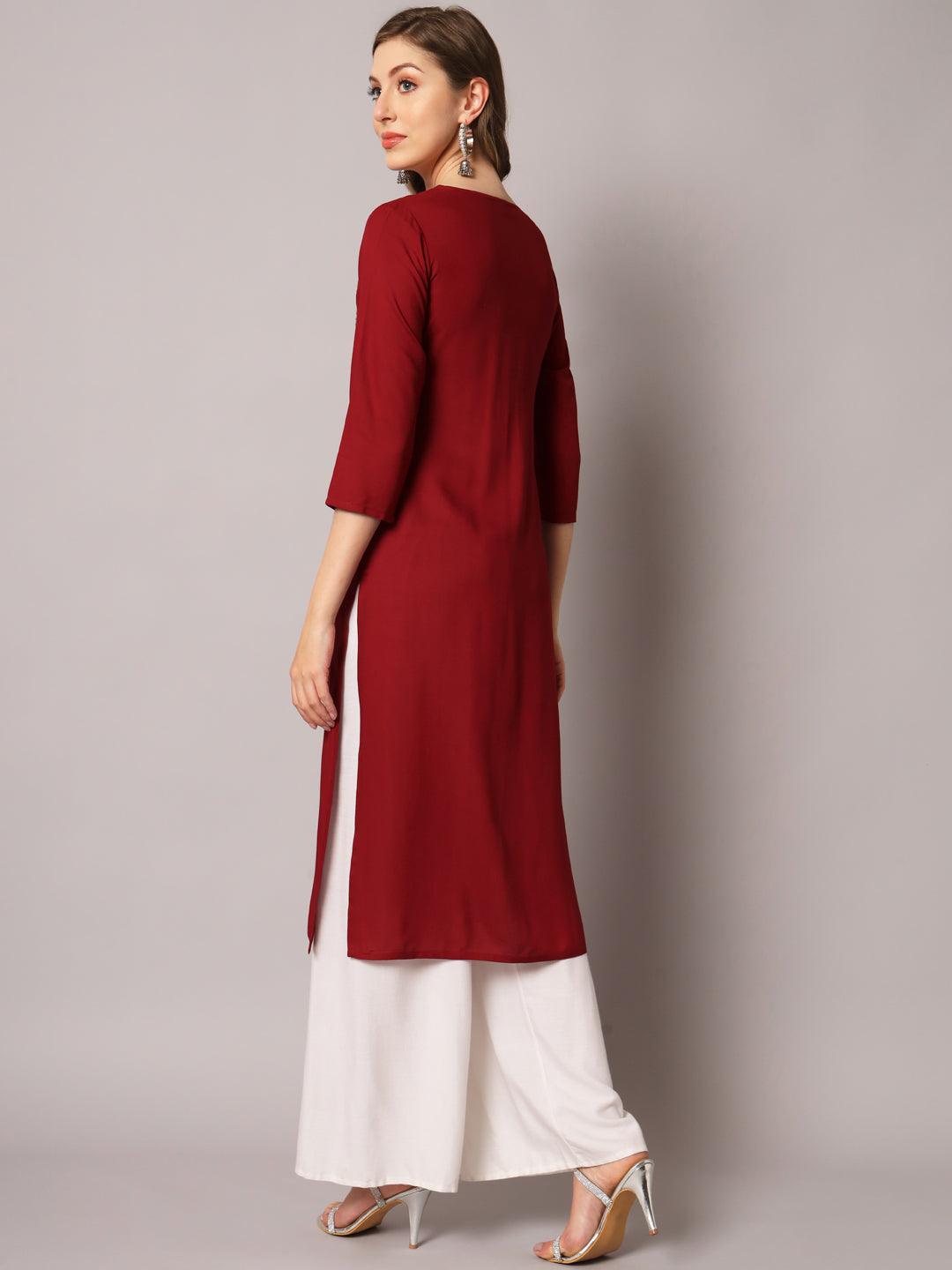 Women's Maroon Color Solid Rayon Embroidered Kurta - PREKSHA - Indiakreations