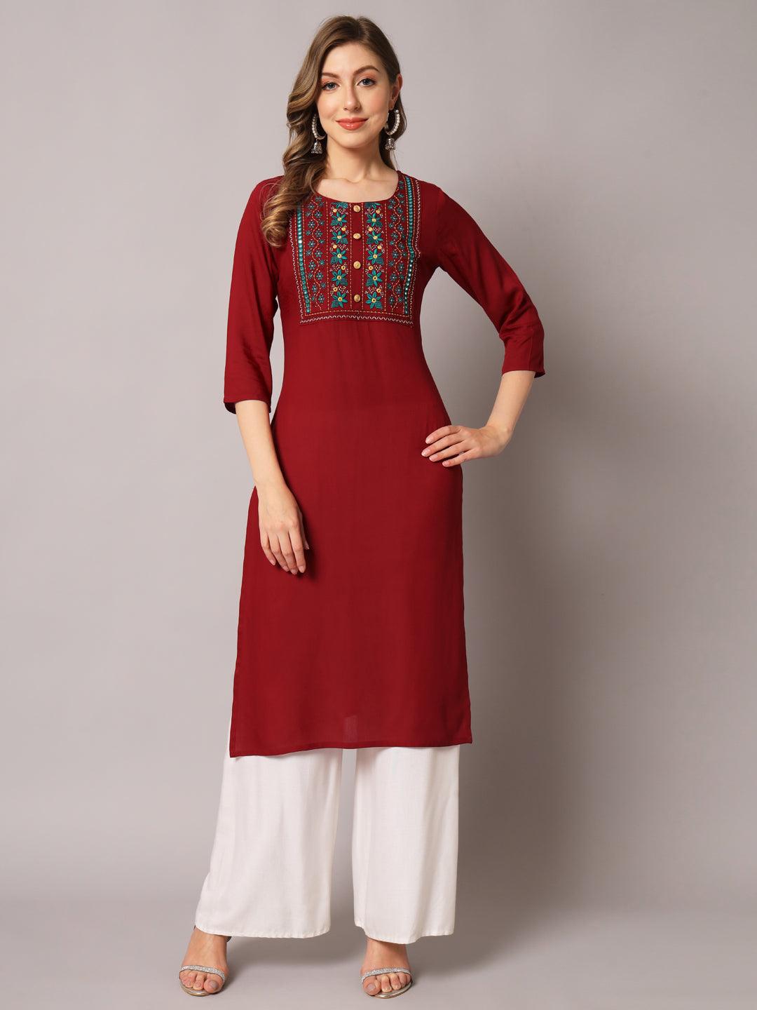 Women's Maroon Color Solid Rayon Embroidered Kurta - PREKSHA - Indiakreations