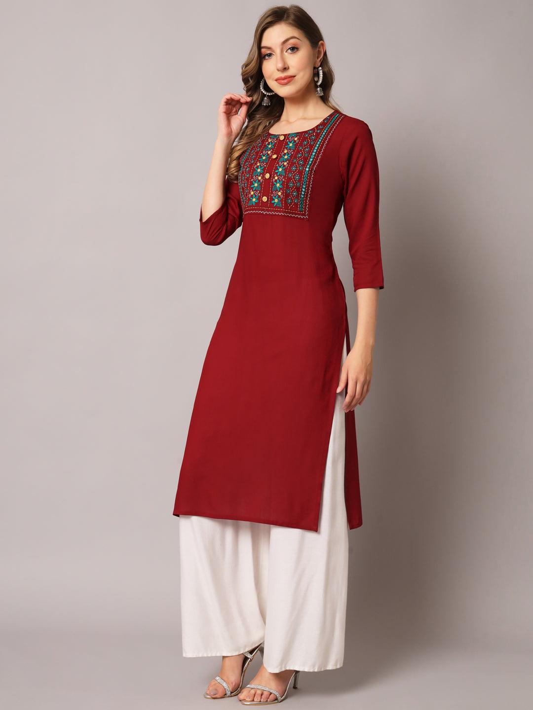 Women's Maroon Color Solid Rayon Embroidered Kurta - PREKSHA - Indiakreations