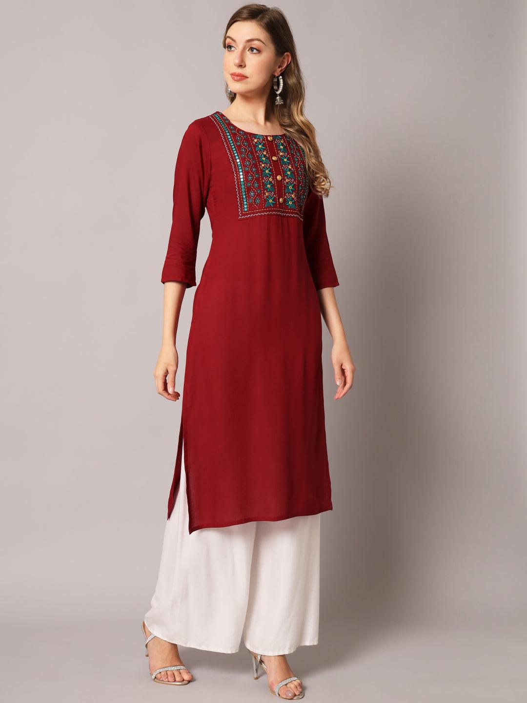 Women's Maroon Color Solid Rayon Embroidered Kurta - PREKSHA - Indiakreations