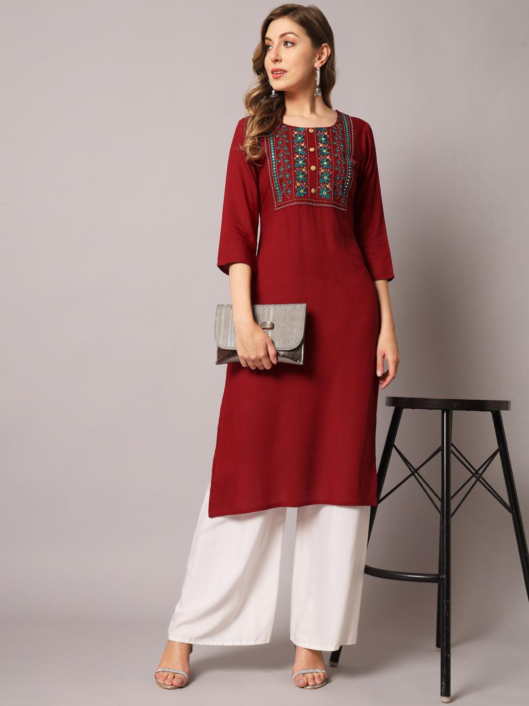 Women's Maroon Color Solid Rayon Embroidered Kurta - PREKSHA - Indiakreations