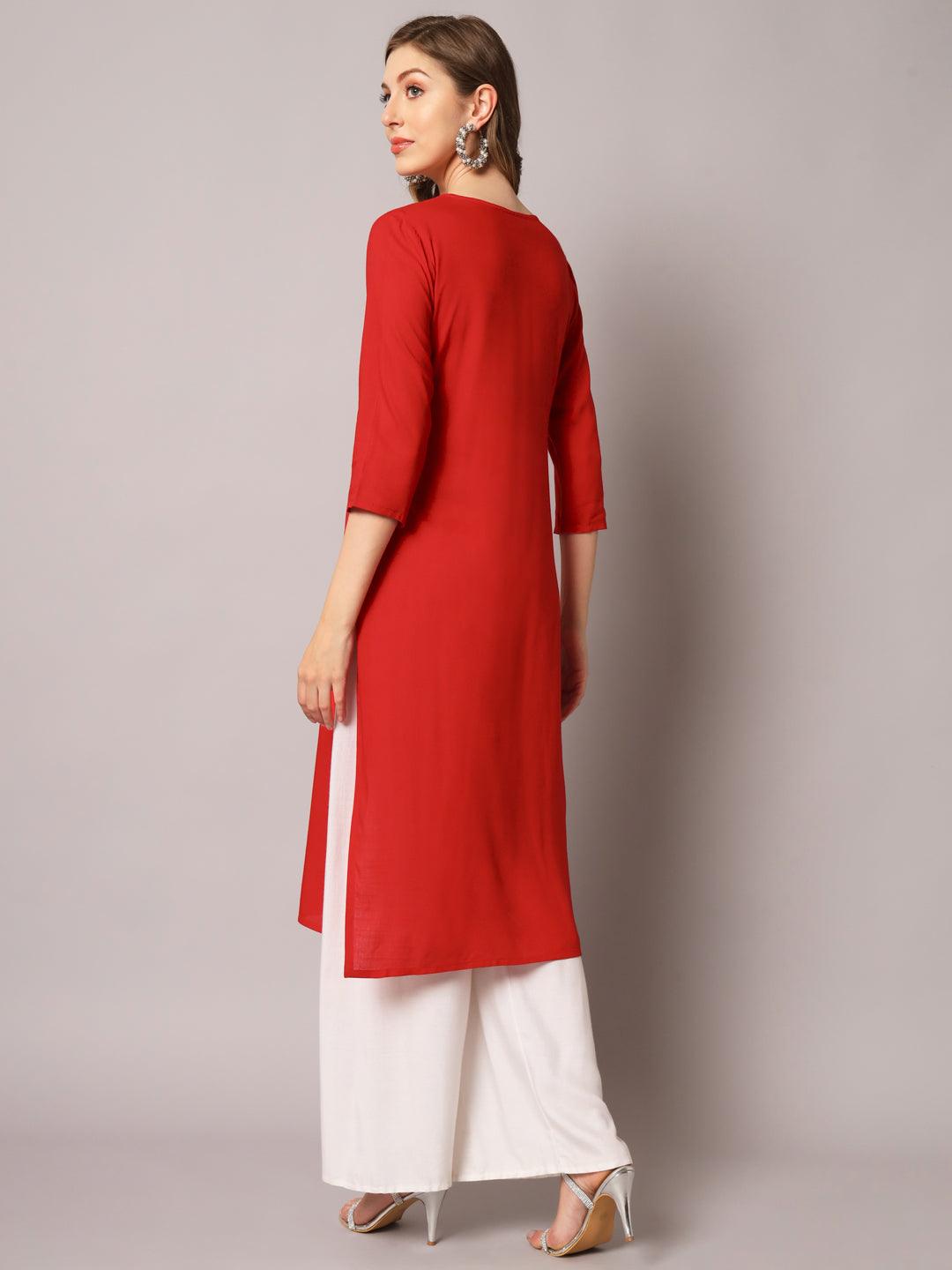 Women's Red Color Solid Rayon Embroidered Kurta - PREKSHA - Indiakreations