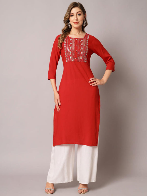 Women's Red Color Solid Rayon Embroidered Kurta - PREKSHA - Indiakreations