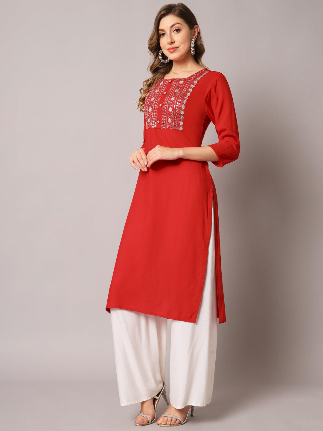 Women's Red Color Solid Rayon Embroidered Kurta - PREKSHA - Indiakreations