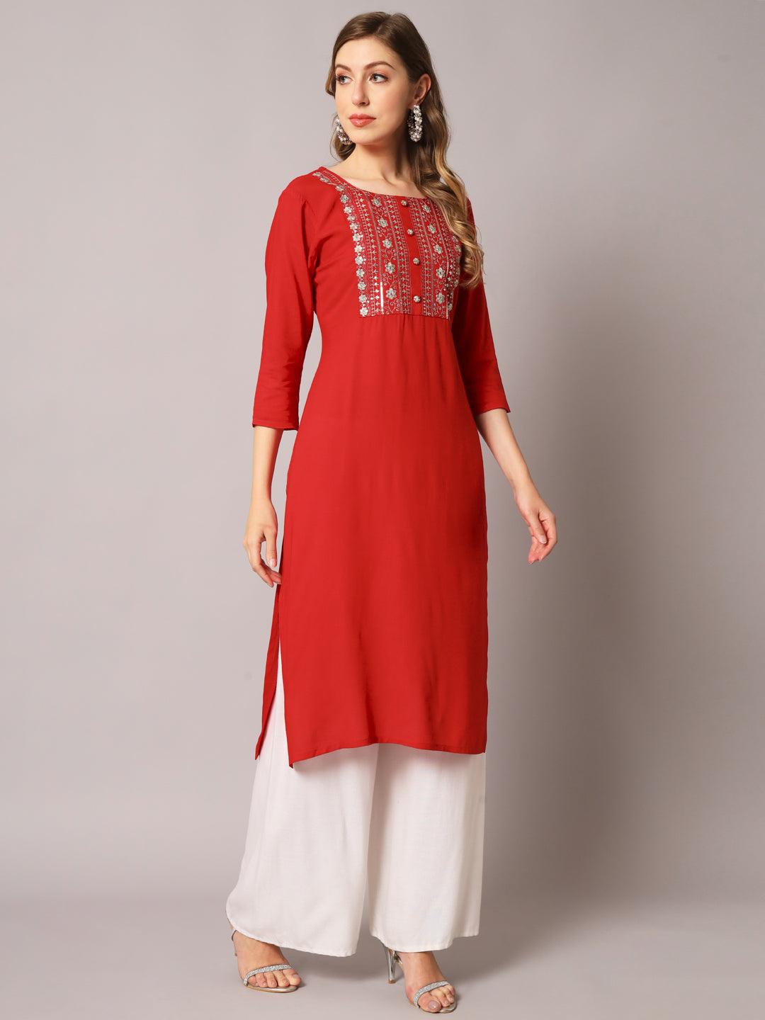 Women's Red Color Solid Rayon Embroidered Kurta - PREKSHA - Indiakreations