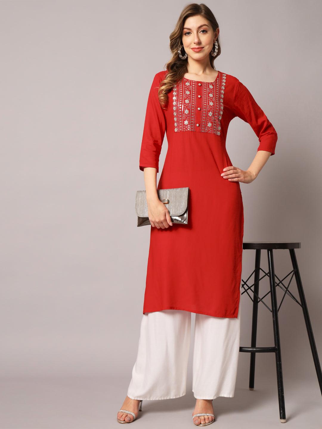 Women's Red Color Solid Rayon Embroidered Kurta - PREKSHA - Indiakreations