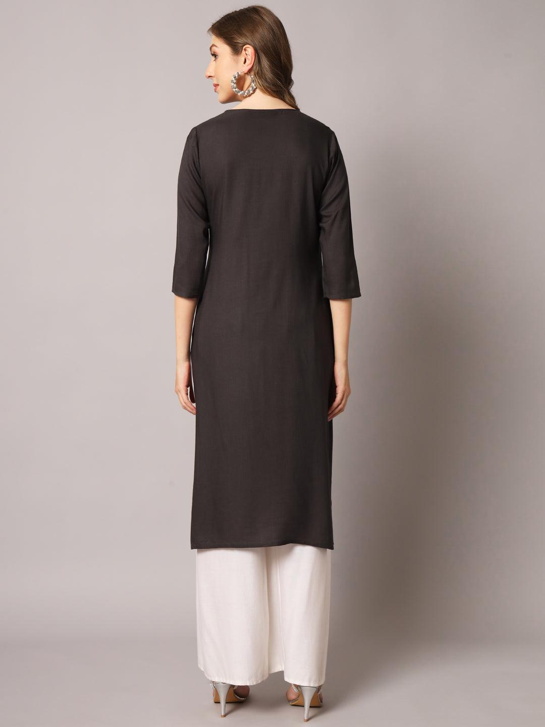 Women's Grey Color Solid Rayon Embroidered Kurta - PREKSHA - Indiakreations