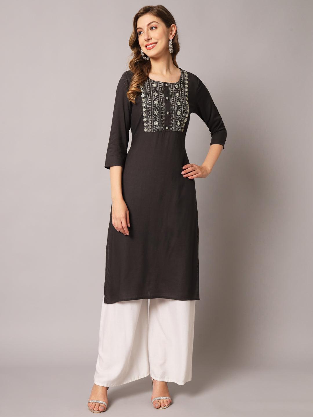 Women's Grey Color Solid Rayon Embroidered Kurta - PREKSHA - Indiakreations