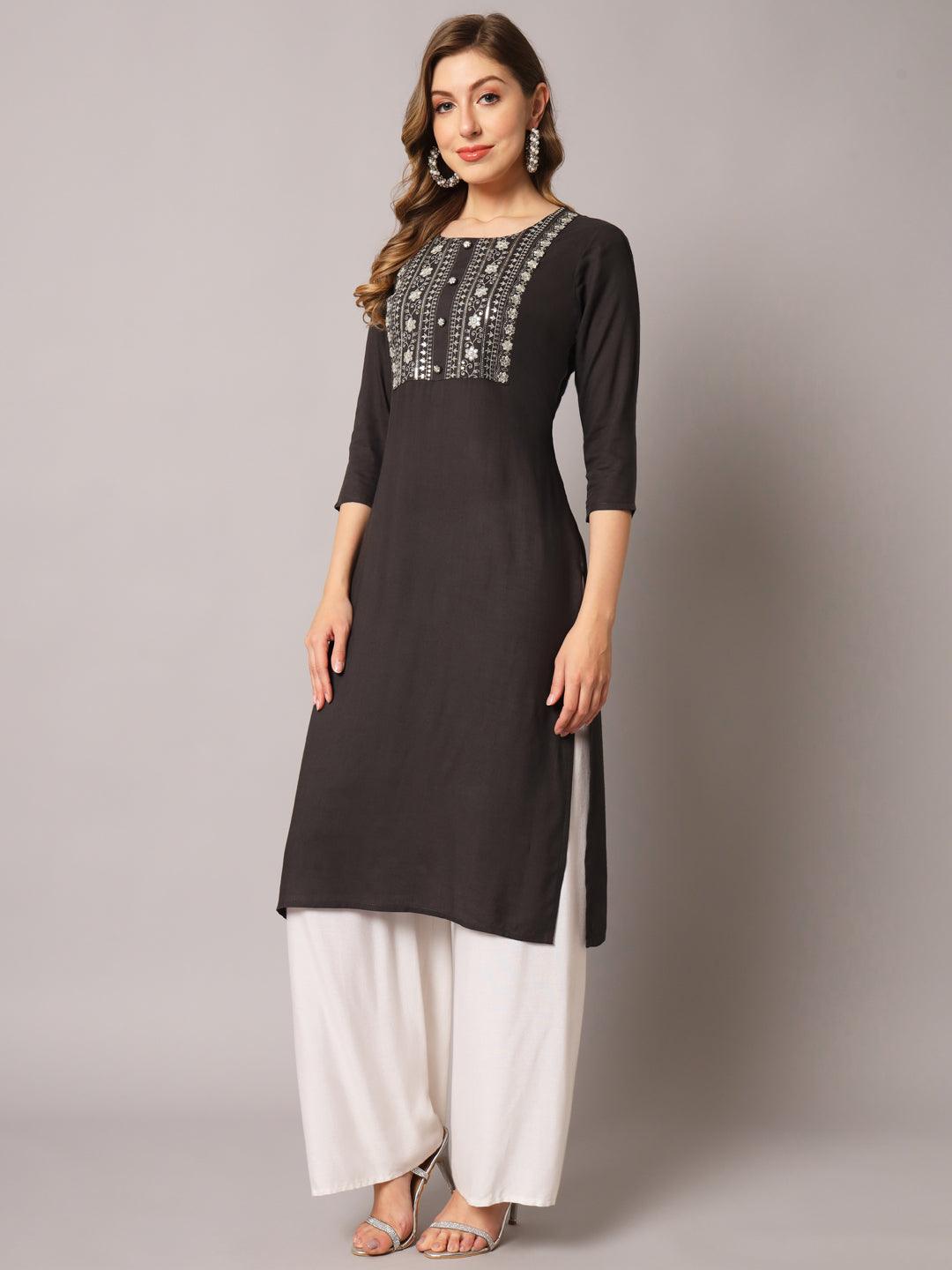 Women's Grey Color Solid Rayon Embroidered Kurta - PREKSHA - Indiakreations