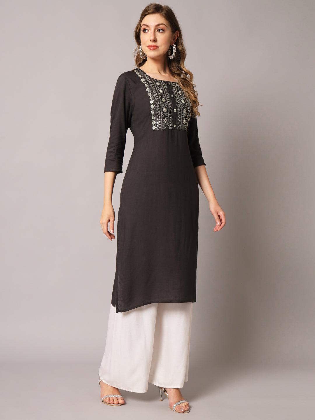 Women's Grey Color Solid Rayon Embroidered Kurta - PREKSHA - Indiakreations