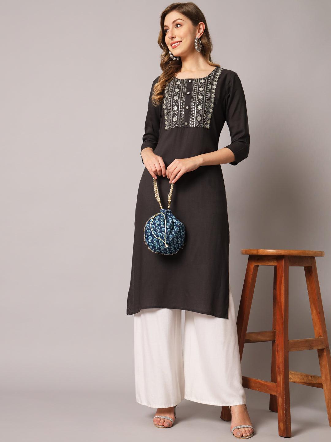 Women's Grey Color Solid Rayon Embroidered Kurta - PREKSHA - Indiakreations