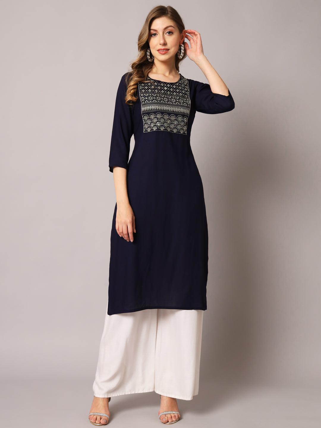 Women's Blue Color Solid Rayon Embroidered Kurta - PREKSHA - Indiakreations