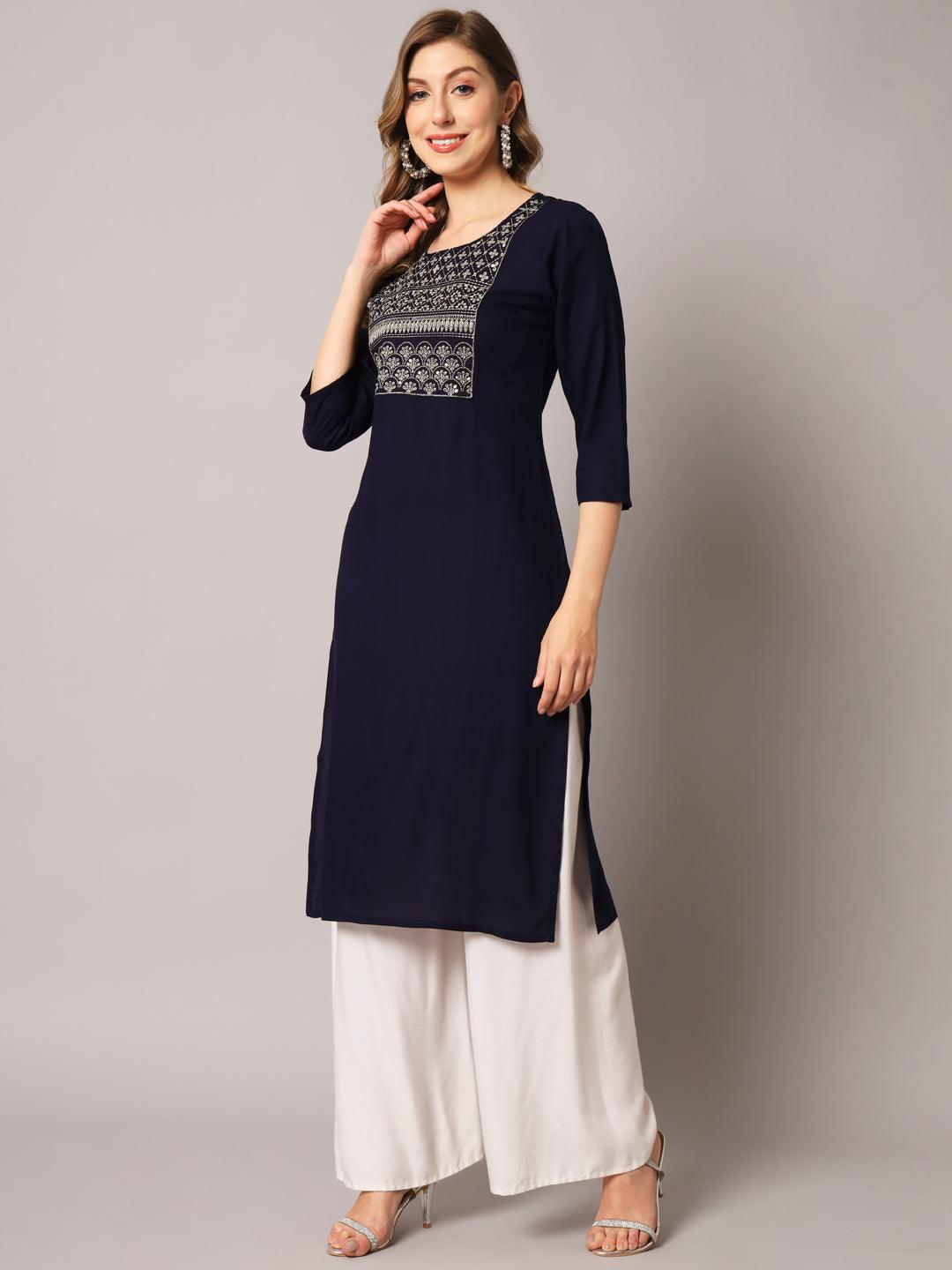 Women's Blue Color Solid Rayon Embroidered Kurta - PREKSHA - Indiakreations