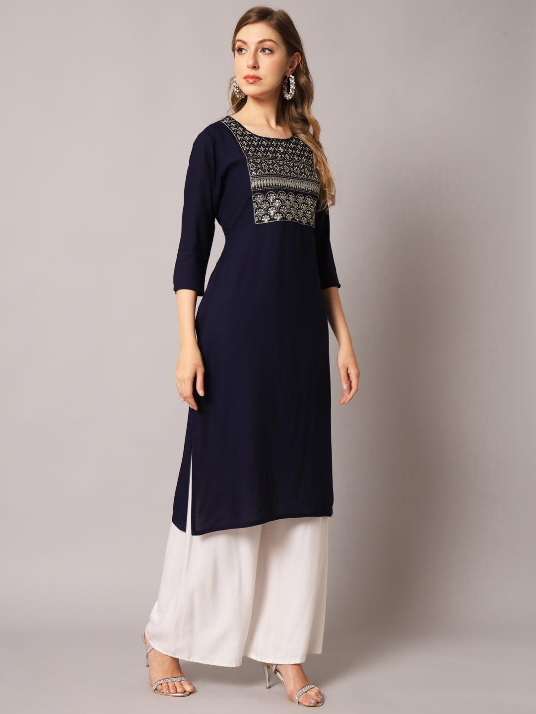 Women's Blue Color Solid Rayon Embroidered Kurta - PREKSHA - Indiakreations