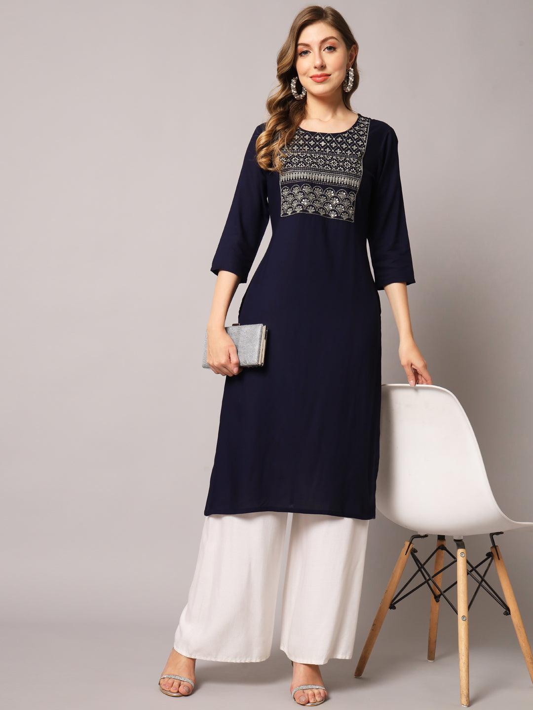 Women's Blue Color Solid Rayon Embroidered Kurta - PREKSHA - Indiakreations