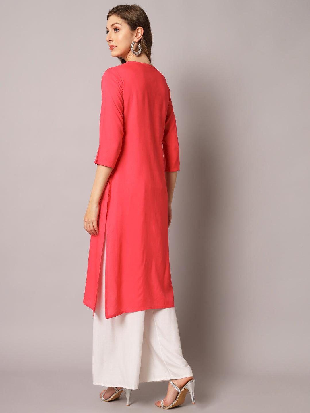 Women's Peach Color Solid Rayon Embroidered Kurta - PREKSHA - Indiakreations