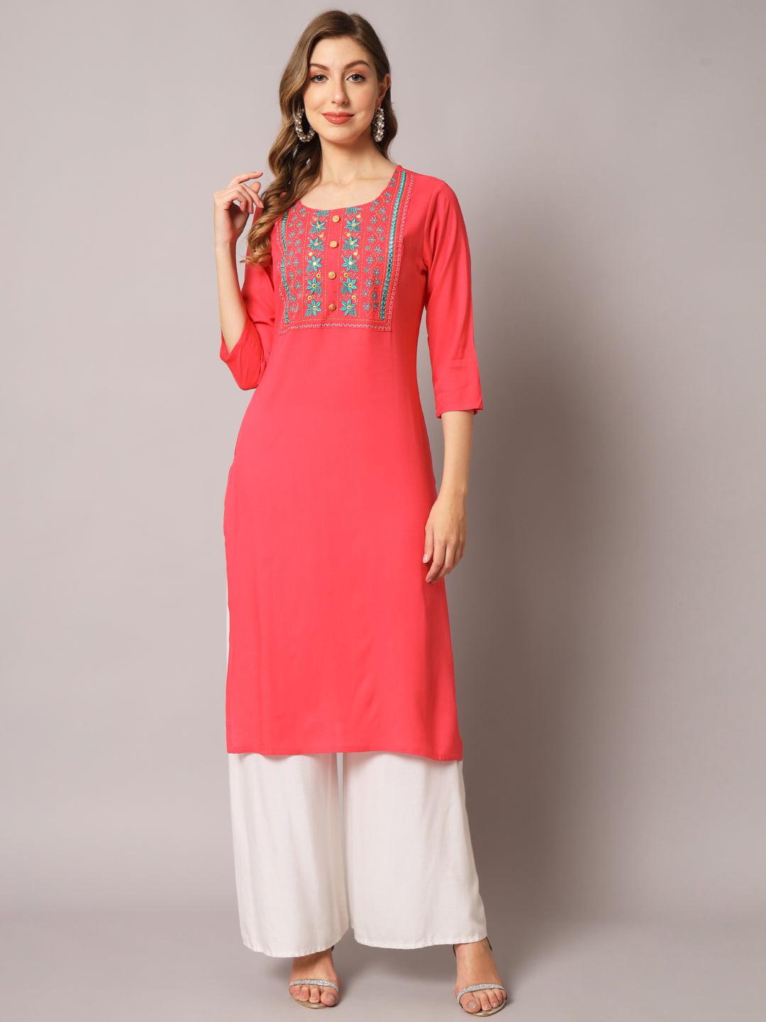 Women's Peach Color Solid Rayon Embroidered Kurta - PREKSHA - Indiakreations