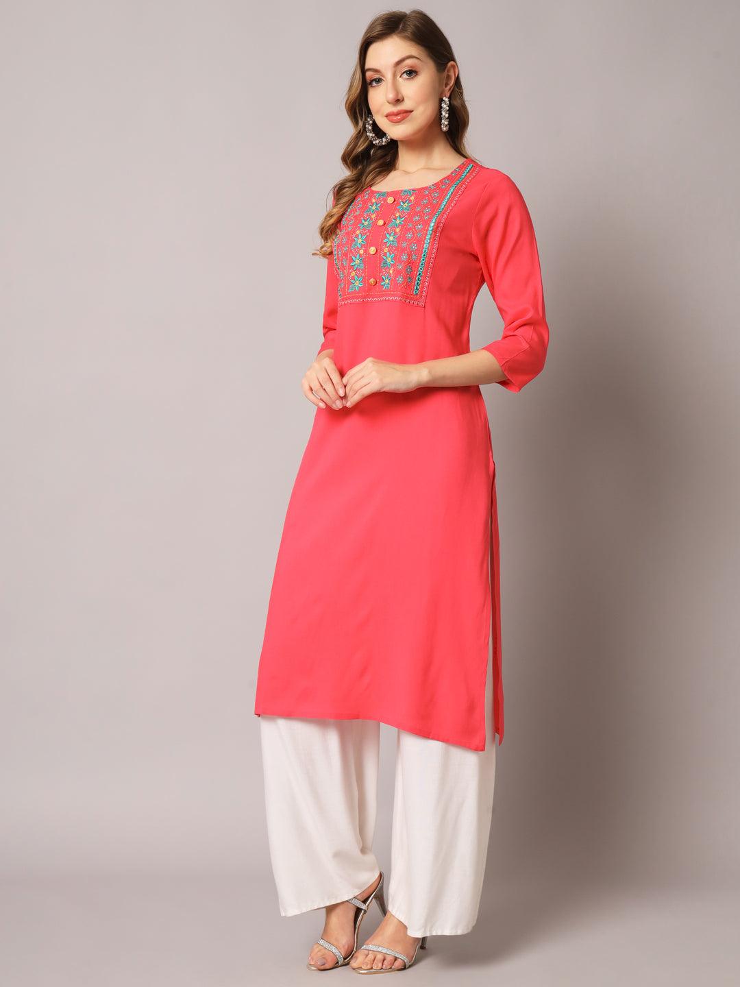 Women's Red Color Solid Rayon Embroidered Kurta - PREKSHA - Indiakreations