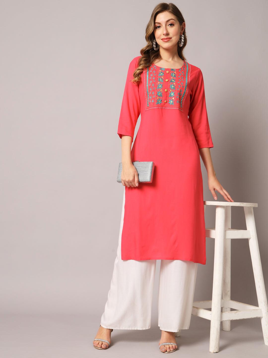 Women's Peach Color Solid Rayon Embroidered Kurta - PREKSHA - Indiakreations