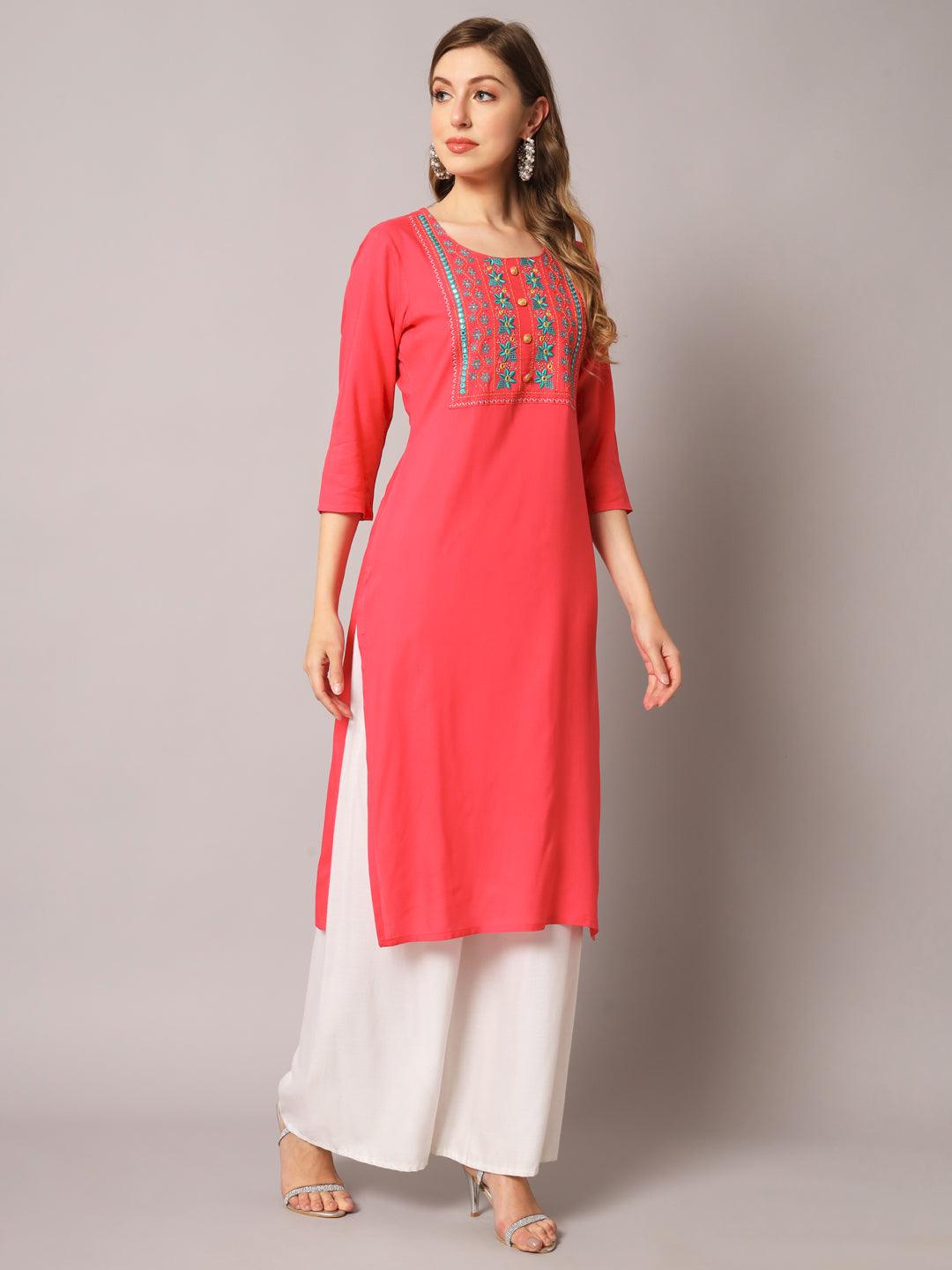 Women's Peach Color Solid Rayon Embroidered Kurta - PREKSHA - Indiakreations