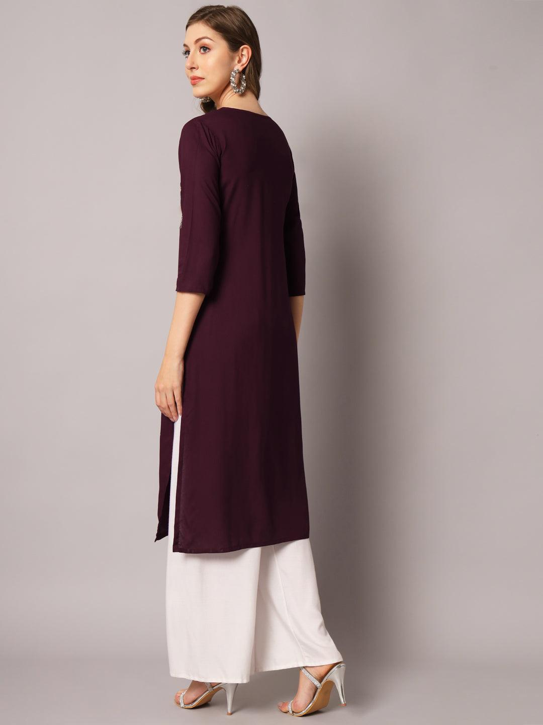 Women's Wine Color Solid Rayon Embroidered Kurta - PREKSHA - Indiakreations