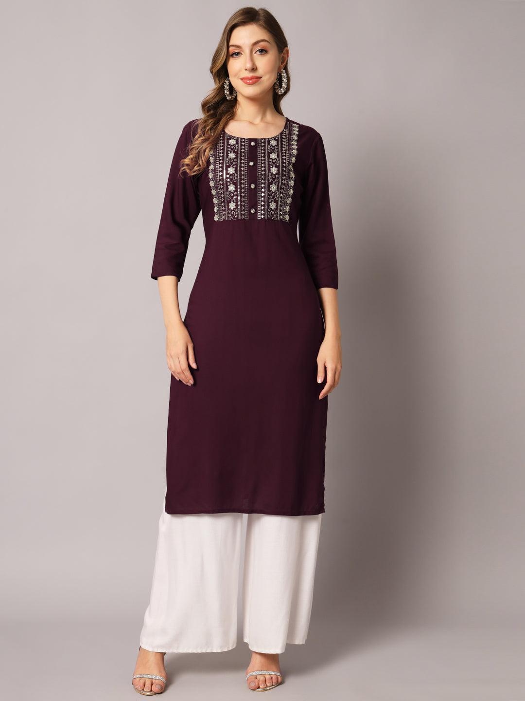 Women's Wine Color Solid Rayon Embroidered Kurta - PREKSHA - Indiakreations