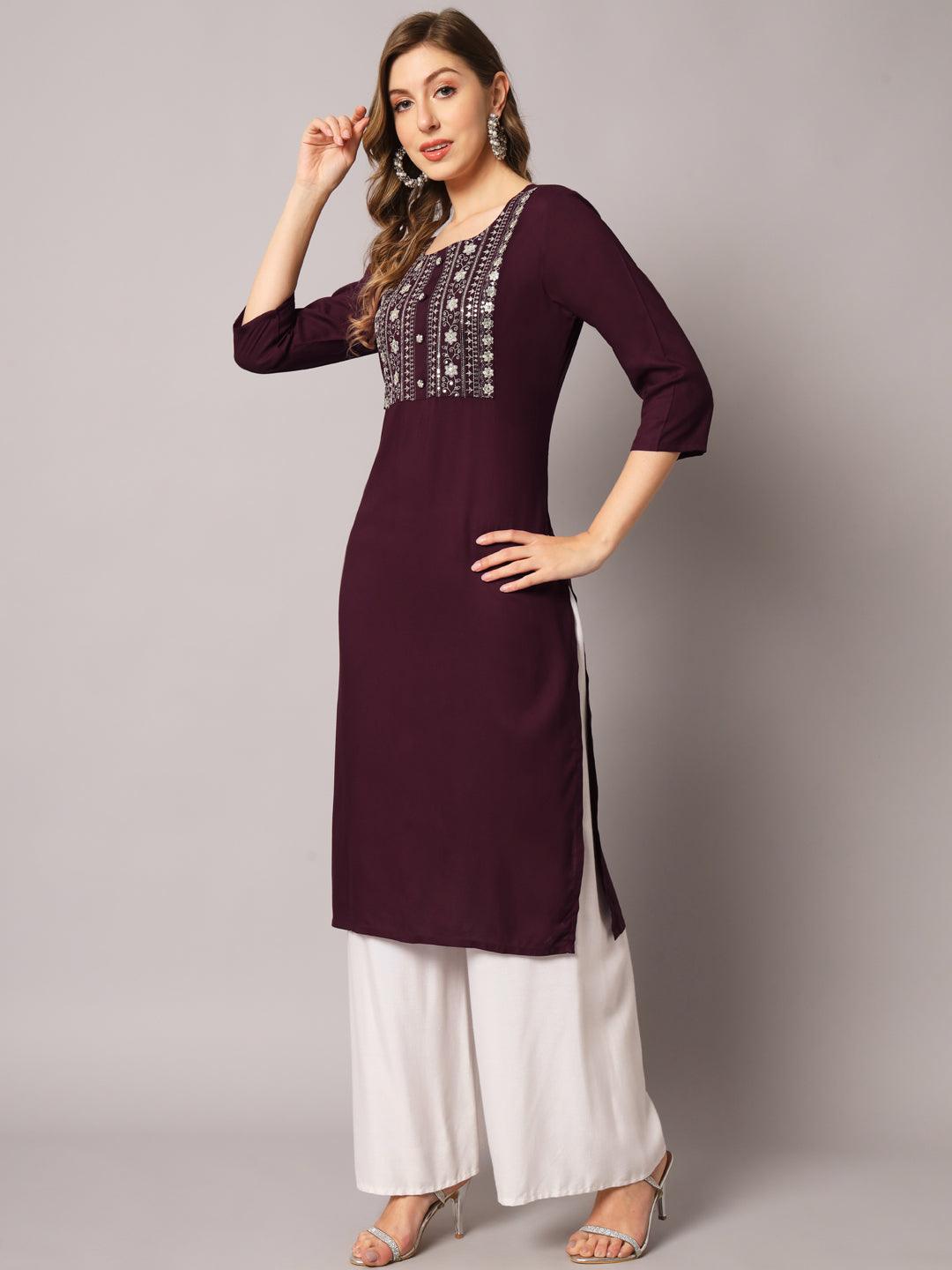 Women's Wine Color Solid Rayon Embroidered Kurta - PREKSHA - Indiakreations