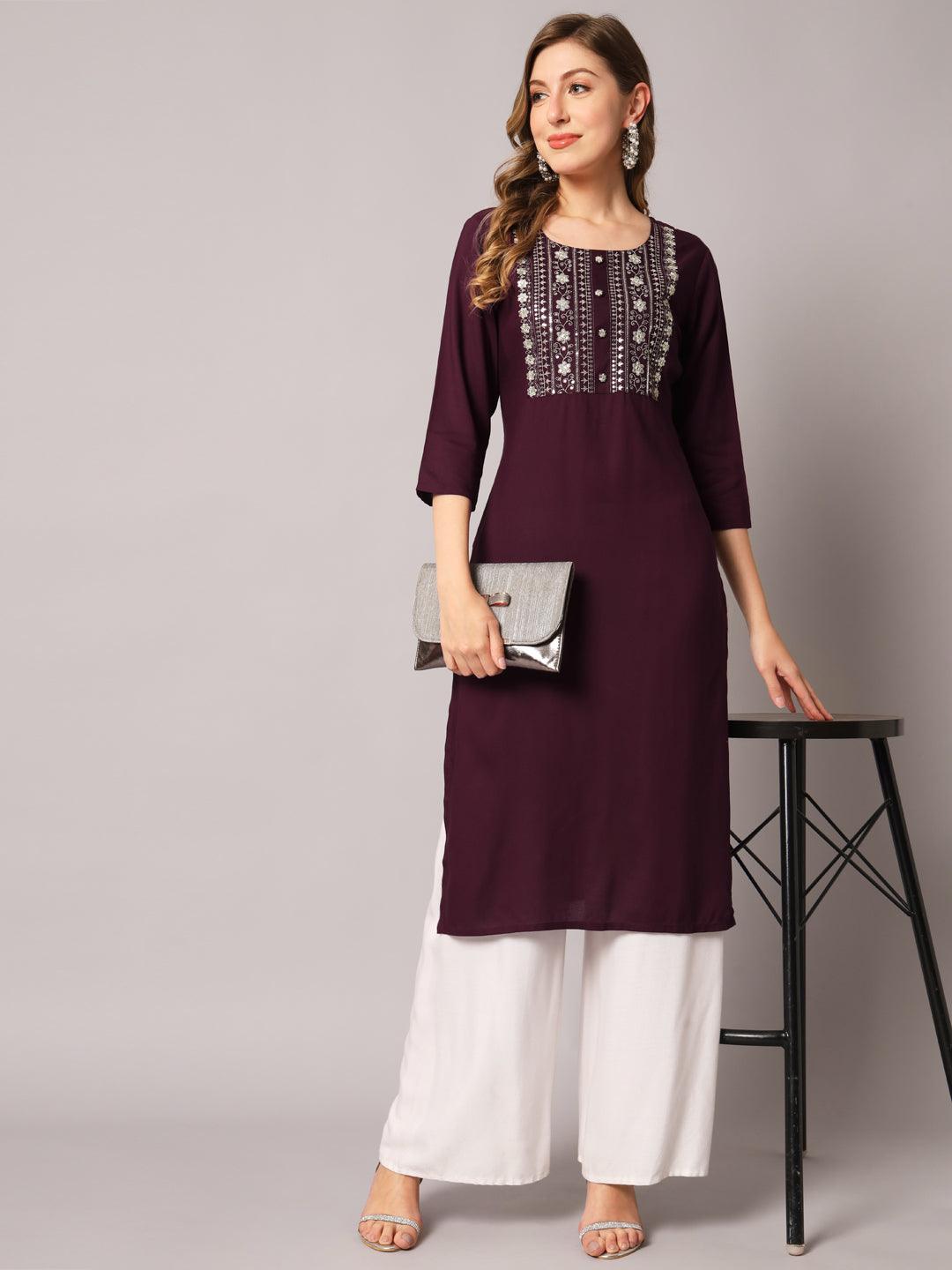 Women's Wine Color Solid Rayon Embroidered Kurta - PREKSHA - Indiakreations