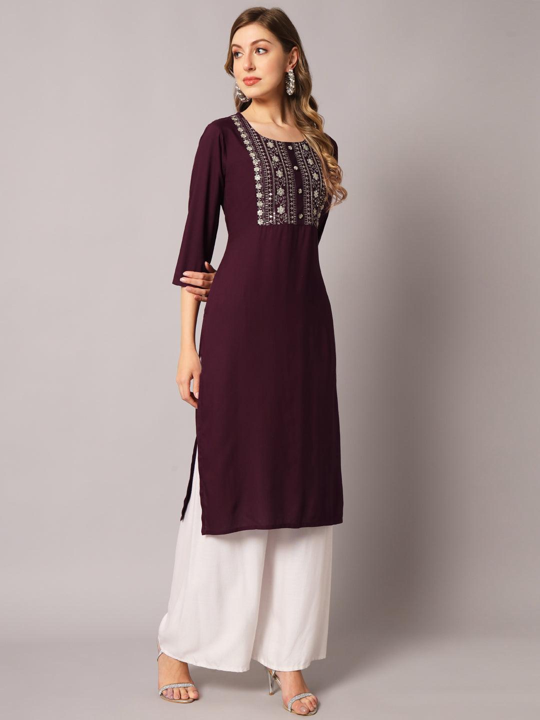 Women's Wine Color Solid Rayon Embroidered Kurta - PREKSHA - Indiakreations