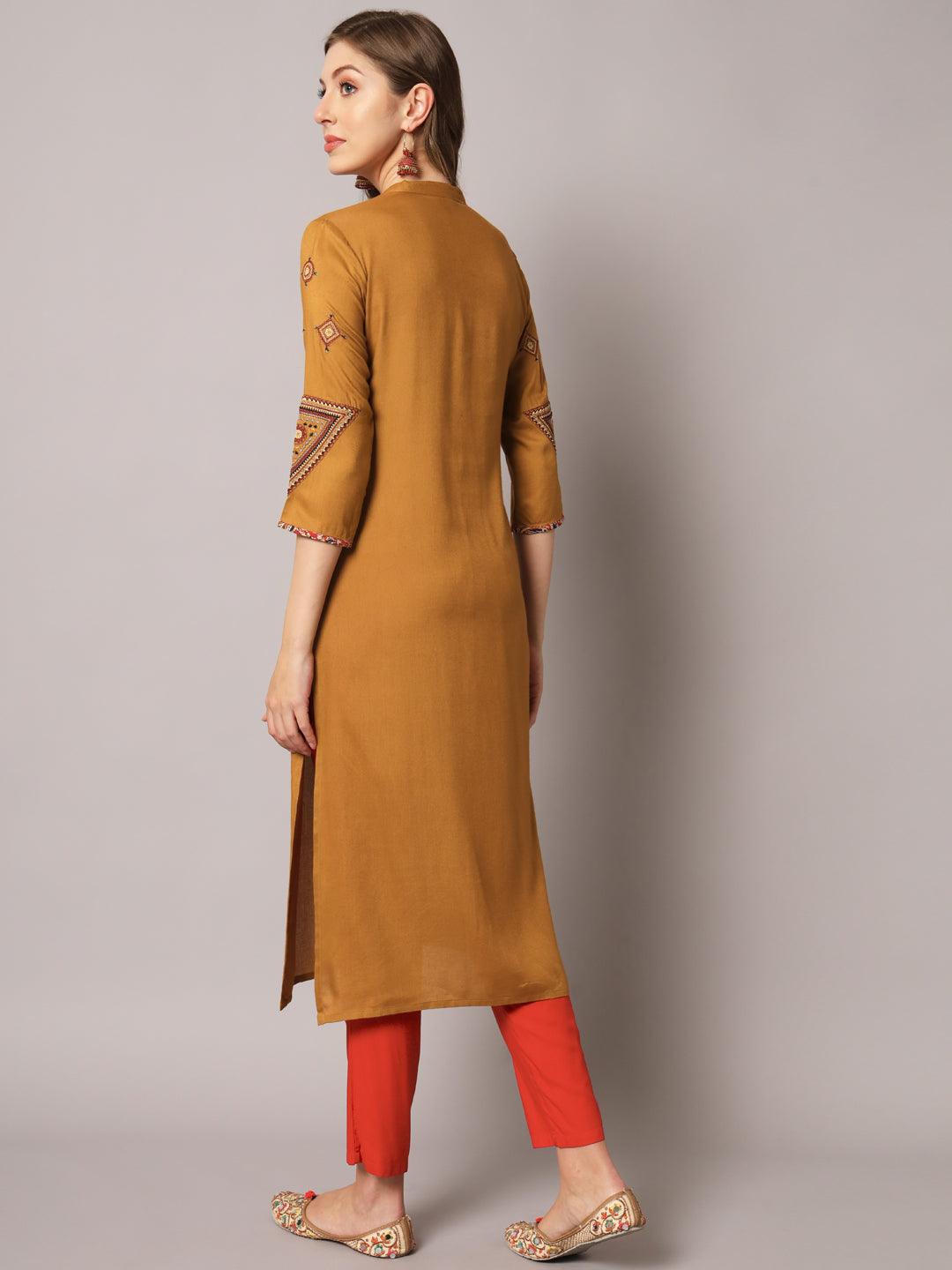 Women's Brown Color Solid Rayon Embroidered Kurta - PREKSHA - Indiakreations