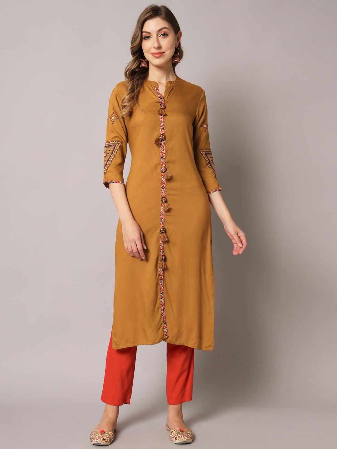 Women's Brown Color Solid Rayon Embroidered Kurta - PREKSHA - Indiakreations