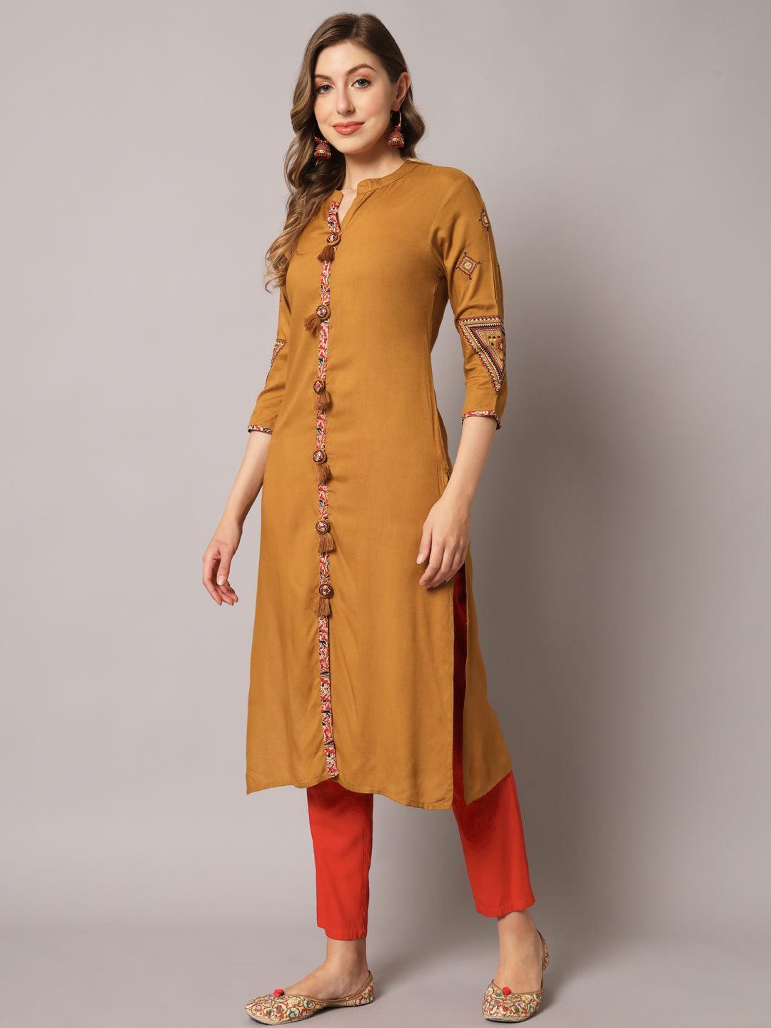 Women's Brown Color Solid Rayon Embroidered Kurta - PREKSHA - Indiakreations