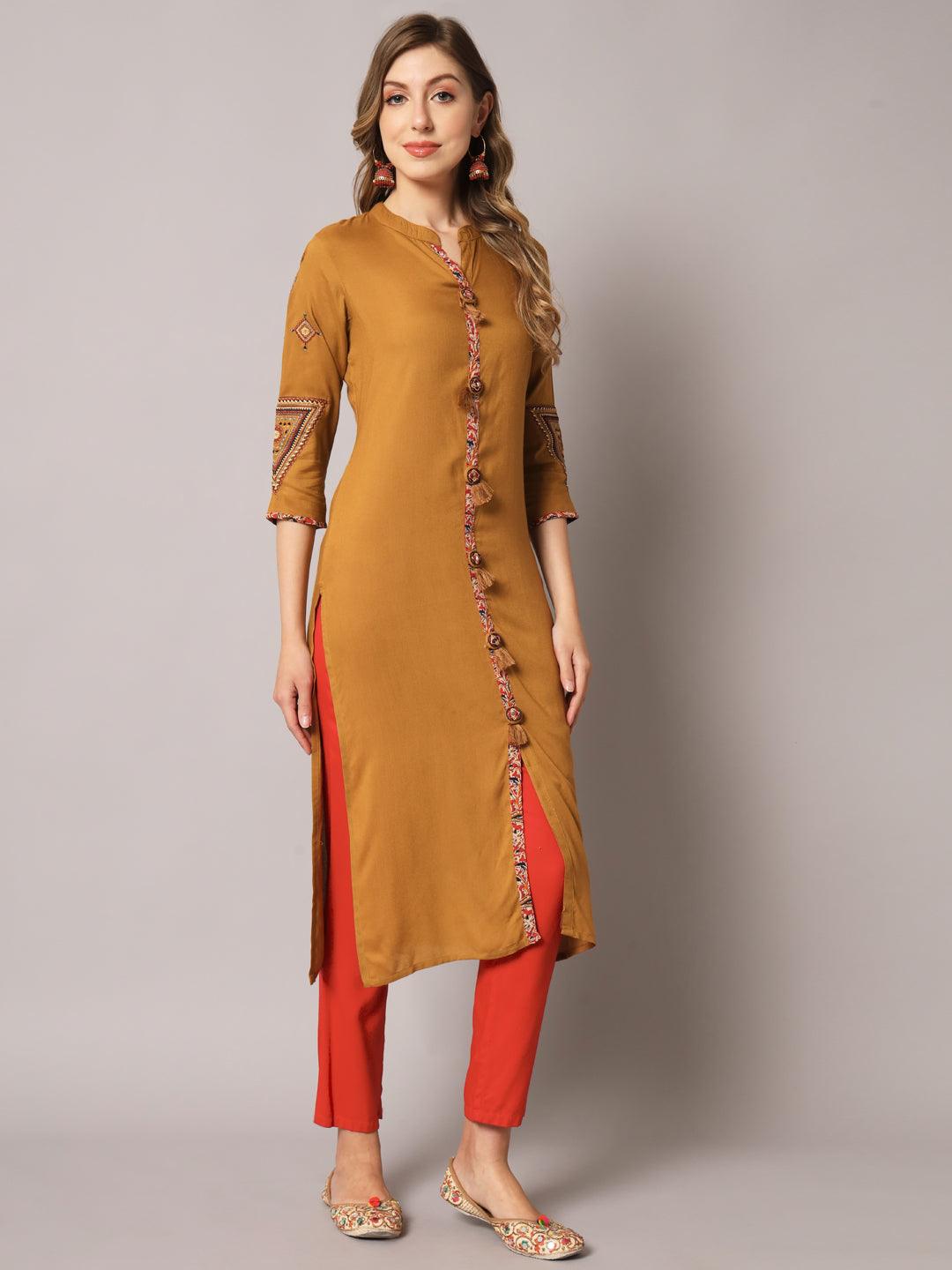 Women's Brown Color Solid Rayon Embroidered Kurta - PREKSHA - Indiakreations