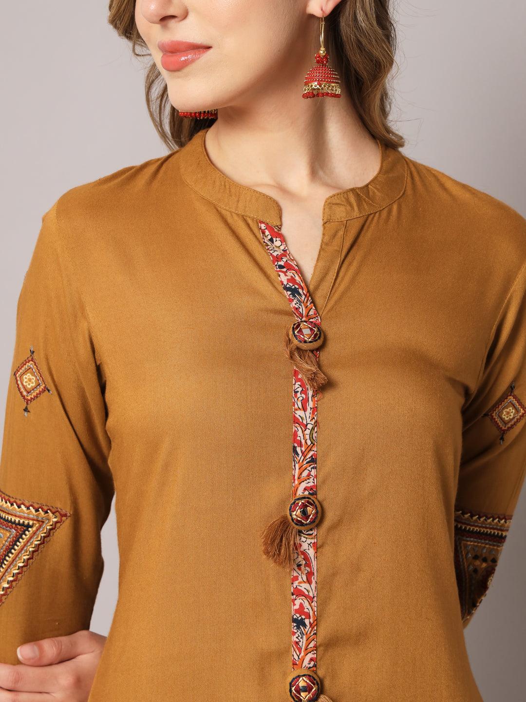 Women's Brown Color Solid Rayon Embroidered Kurta - PREKSHA - Indiakreations