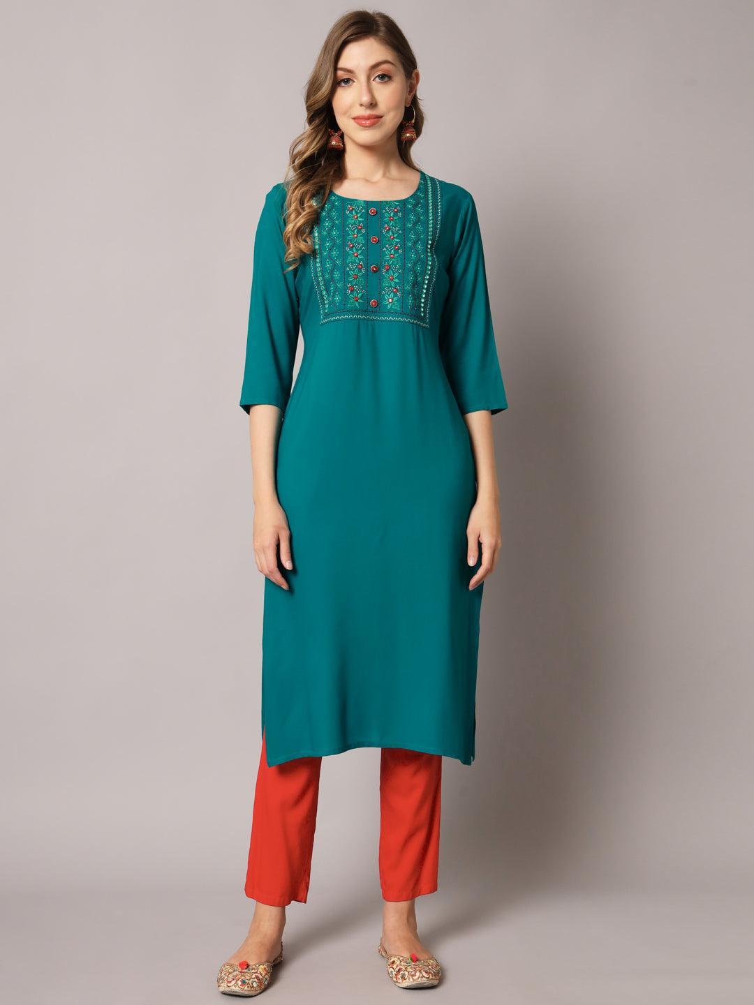 Women's Turquoise Color Solid Rayon Embroidered Kurta - PREKSHA - Indiakreations