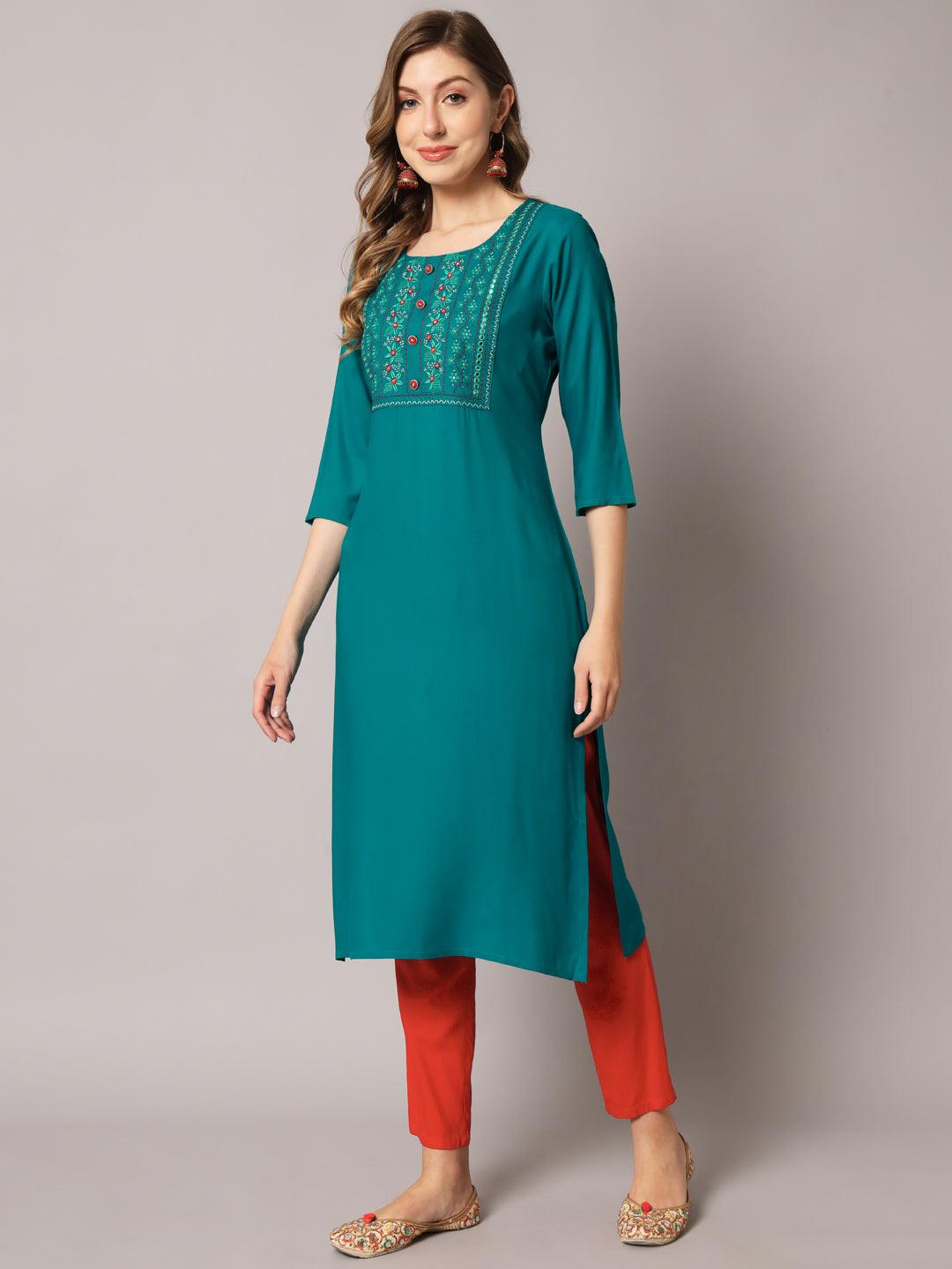 Women's Turquoise Color Solid Rayon Embroidered Kurta - PREKSHA - Indiakreations