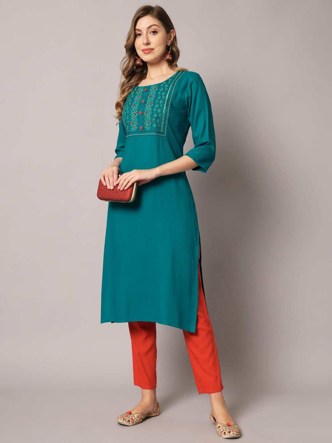 Women's Turquoise Color Solid Rayon Embroidered Kurta - PREKSHA - Indiakreations