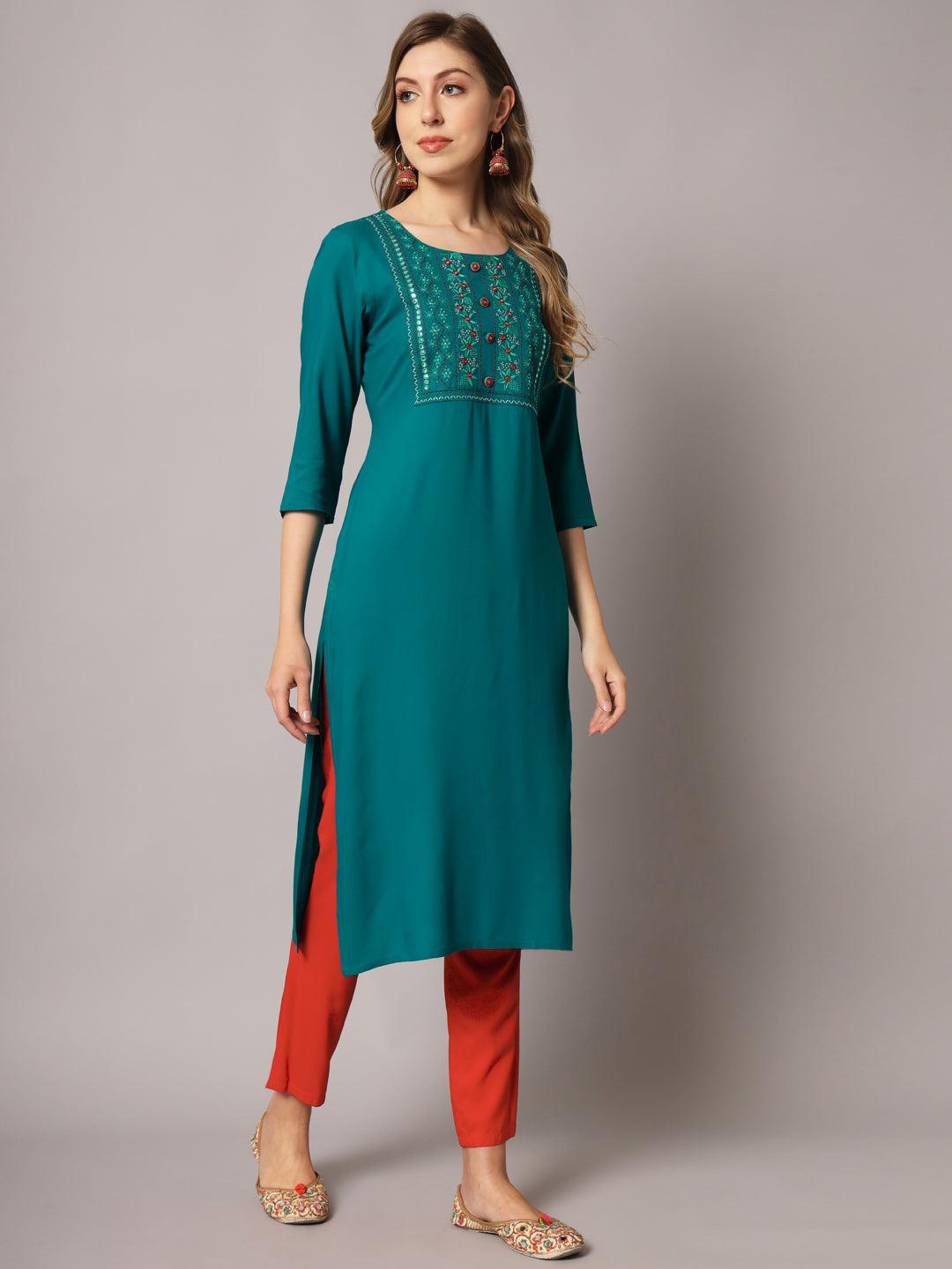 Women's Turquoise Color Solid Rayon Embroidered Kurta - PREKSHA - Indiakreations