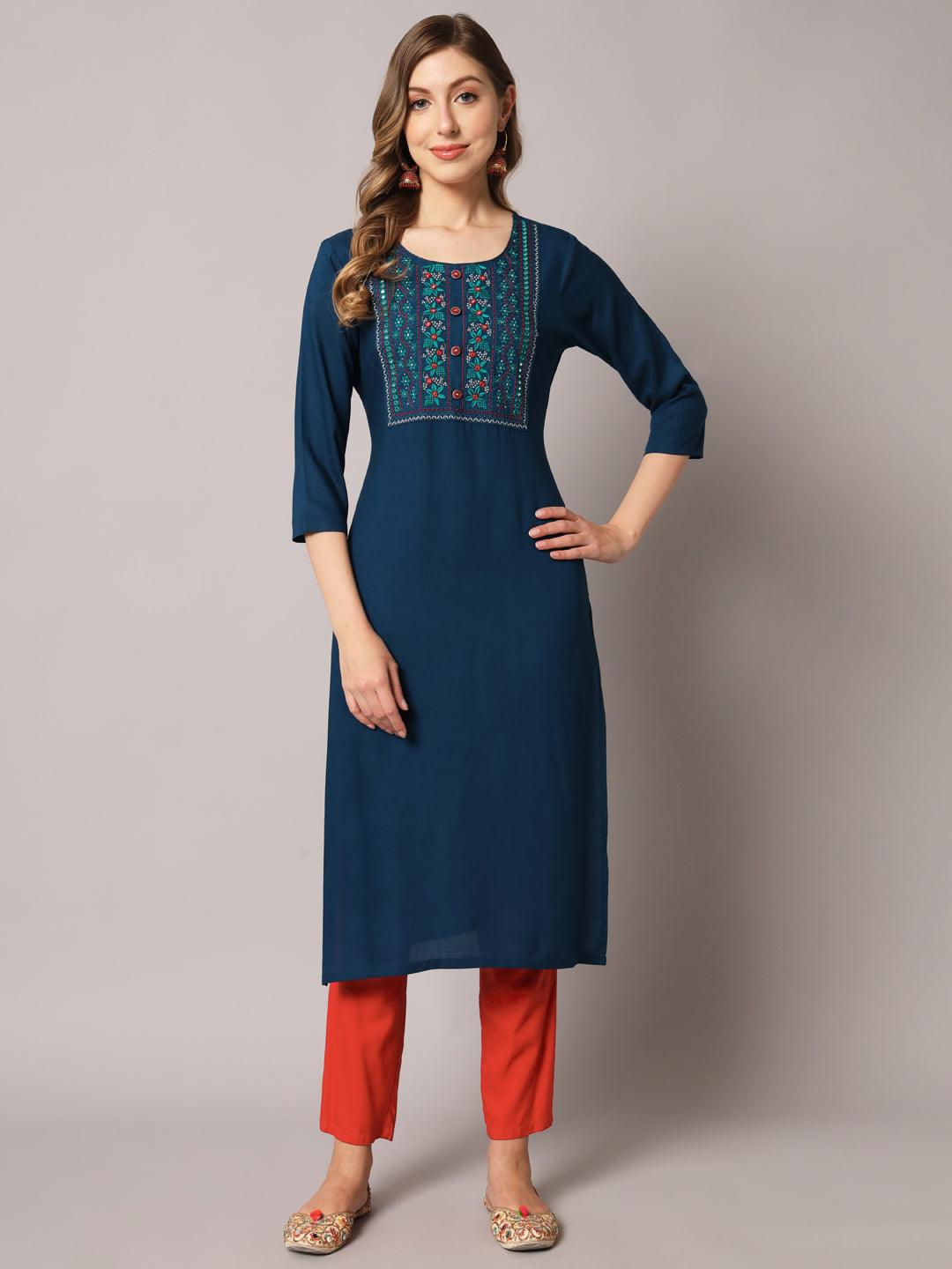 Women's Blue Color Solid Rayon Embroidered Kurta - PREKSHA - Indiakreations