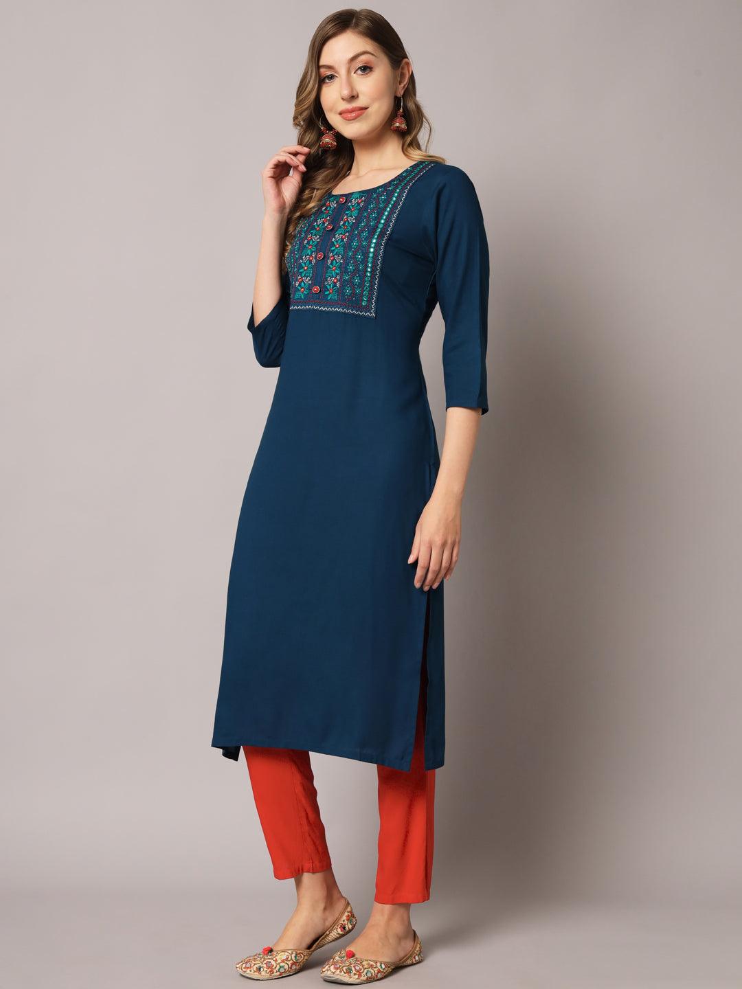 Women's Blue Color Solid Rayon Embroidered Kurta - PREKSHA - Indiakreations