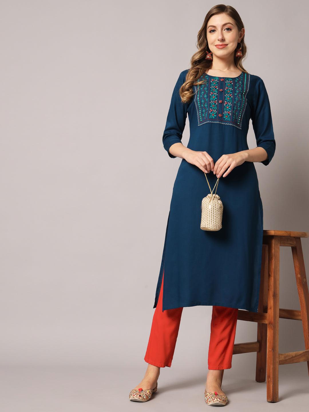 Women's Blue Color Solid Rayon Embroidered Kurta - PREKSHA - Indiakreations